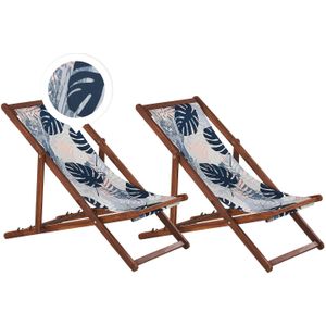 Beliani ANZIO  - Strandstoel set van 2 - Donkerhout/Palm/Blauw - Polyester