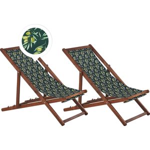 Set van 2 Tuinstoelen Donker Acacia Hout Olijvenmotief Stof Hangmat Stoel Liggende Opvouwen