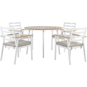 Tuinset wit aluminium/kunsthout 4-zits ronde tafel ø 105 cm met kussens