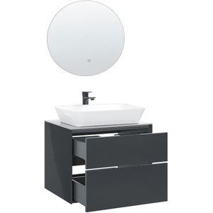 Beliani - Badmöbel Grau mdf Platte Keramik 60 x 49 x 48 runder led Spiegel 60 cm Modern 2 Schubladen Hängeschrank weißes Aufsatzwaschbecken Badezimmer