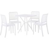 Tuin Eettafel Set Witte Kunststof 4-zits Vierkante Tafel Stapelbare Stoelen Weerbestendig