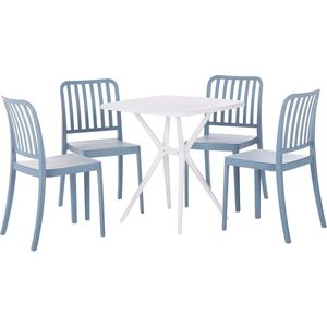 Eetset voor in de tuin, kunststof, 4 stapelbare stoelen blauw wit weersbestendig