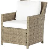 Tuinbankstel Bruin PE Rotan Witte Kussens 5-zitsbank Rechthoekige Tafel 2 Fauteuils 2 Ottomanen Outdoor Dining Set