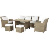 Tuinbankstel Bruin PE Rotan Witte Kussens 5-zitsbank Rechthoekige Tafel 2 Fauteuils 2 Ottomanen Outdoor Dining Set