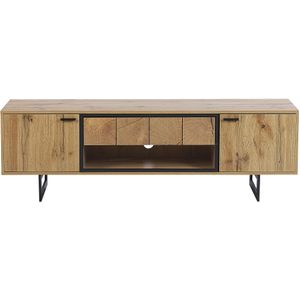 TV-meubel Lichte houttint / Zwart houteffect Metalen poten 3 compartimenten met 2 deuren en een ruime lade Elegant design Retro stijl