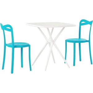 Bistroset blauw en wit 2 stapelbare stoelen tafel rechthoekig kunststof modern