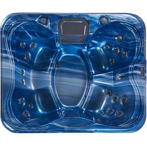 Hot Tub blauw acryl 180 x 215 cm 4 stoelen 19 hydromassage jets houteffect aluminium koffer met LED-verlichting