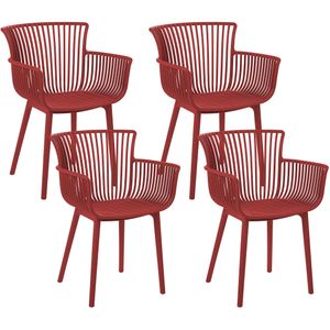 Set of 4 Dining Chairs Rood Plastic Indoor Outdoor Garden with Armrests Minimalistic Style