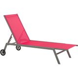 Rode ligstoel met textielbekleding, stalen frame, oprolbaar, verstelbare rugleuning, moderne tuinligstoel op wielen