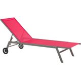 Rode ligstoel met textielbekleding, stalen frame, oprolbaar, verstelbare rugleuning, moderne tuinligstoel op wielen