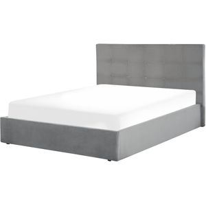 Bed Grijs Fluweel Tweepersoonsmaat 140 x 200 cm Gestoffeerd Hoofdbord Opbergfunctie Moderne Stijl