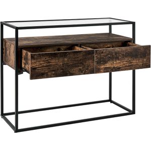 Consoletafel Donker Hout met Zwart Glazen Blad Metalen Frame Opbergfunctie Rechthoekig Modern Design