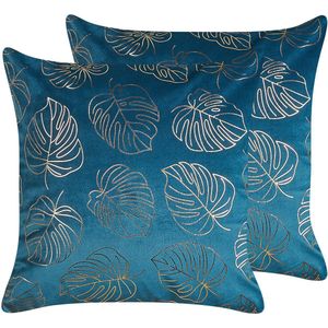 MONSTERA - Sierkussen set van 2 - Blauw - 45 x 45 cm - Fluweel