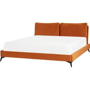 Gestoffeerd bed oranje 180 x 200 cm chenille stof linnenlook met lattenbodem elegant modern