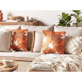 Sierkussen oranje fluweel 45 x 45 cm bladpatroon boho decoraccessoires