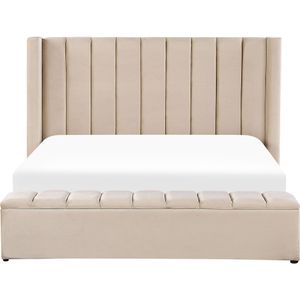 Gestoffeerd Bed Beige 180 x 200 cm in Fluweelstof met Opbergruimte Elegant Tweepersoonsbed Modern Ontwerp