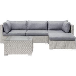 Loungset met salontafel wit/grijs wicker 3-zits glazen tafelblad kussens