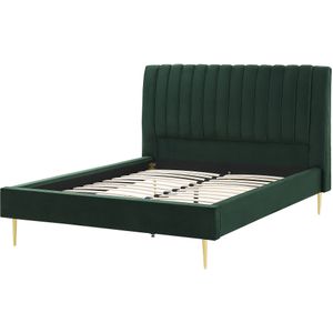 Gestoffeerd bed groen 160 x 200 cm fluweel stof met lattenbodem hoog hoofdbord decoratief elegant modern