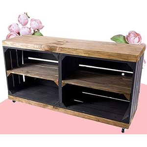 Kontorei, tv-kast van plankkisten, zwart en""used"" op wieltjes, 100 cm x 30 cm x 50 cm, set van 2 stuks, tv-tafel, zwart, bruin, klassiek grenenhout, fruitkisten, wijnkist, tv-rek, multifunctioneel