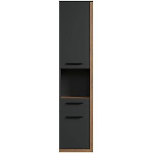 Trendmeubel - Synnax kolomkast wandmontage, 1 groot deur, 1 klein deur, 1 lade, 1 plank grijs,eik decor.