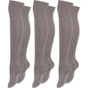 Paolo Renzo® Damen Baumwoll Overknees mit Zopfmuster & Anti-Rutsch-Bund 3 Paar - Größe 36/41 - Grau