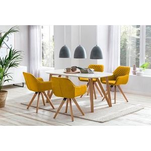 SalesFever eetgroep 5-delig | 160 x 90 cm | tafelblad wit + frame eiken | 4x stoel textiel geel + poten eiken - wit Hout 393314