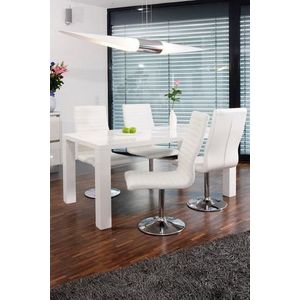 SalesFever eetset 5-delig | 160 x 90 cm | 1x tafel hoogglans | 4x draaistoel kunstleer + poten metaal | wit-chroom - wit Hout 393383