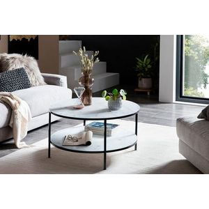 SalesFever salontafel rond | met 2 planken | glazen blad in marmerlook | metalen onderstel | B 80 x D 80 x H 45 cm | wit-zwart - wit Glas 394748