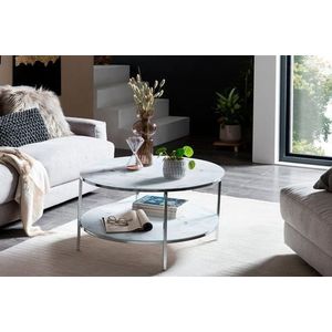 SalesFever salontafel rond | met 2 planken | glazen blad in marmeroptiek | metalen onderstel | B 80 x D 80 x H 45 cm | wit-chroom - wit Glas 394762
