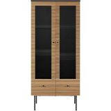 SalesFever vitrinekast 2-deurs|kast met 4 planken en 2 laden| Eiken MDF echt houtfineer| Metalen frame| B79xD43xH179cm| naturel-zwart - meerkleurig 371725