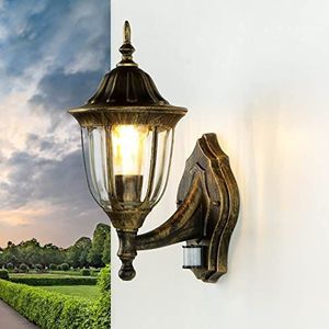 Licht-Erlebnisse Milano Buitenwandlamp met bewegingsmelder, aluminium, glas in goud, antiek, IP44, terras, tuin, hoogte: 37,5 cm, E27, lantaarn, wandlamp, outdoor, MILANO