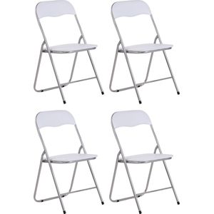 CLP Felix, set van 4 klapstoelen, gestoffeerd, keukenstoelen met metalen frame, kunstleer, pvc-zitting, opklapbaar, campingstoelen, kleur: wit/zilver