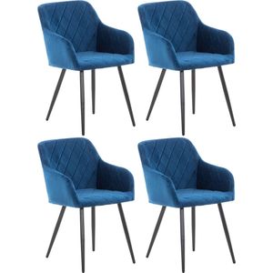 CLP Shila Set van 4 Eetkamerstoelen, Kleur:blauw, materiaal:fluweel