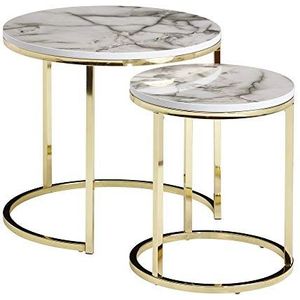 FineBuy Design Bijzettafel Set van 2 Marmerlook Rond | Salontafel 2-delig, metalen frame | Kleine salontafels | Moderne nesttafels