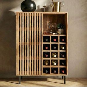 Industriële barkast BODEGA 86 cm mangohouten trolley met wijnrek