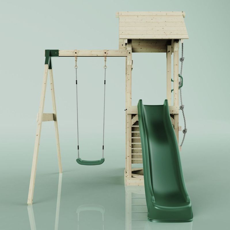 Polarplay - Spielturm Göteborg aus Holz in Grün mit Kinderschaukel