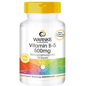 Vitamine B5 500 mg - 100 Capsules Pantotheenzuur, Hooggedoseerd, Veganistisch | Warnke Vitalstoffe - Duitse apothekerskwalitei