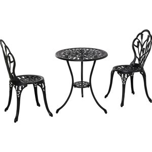 Outsunny zitgroep 3-delige eetgroep tuinset 1 tafel + 2 stoelen met parasolgat terras aluminium zwart Ø 60 x 67 h cm