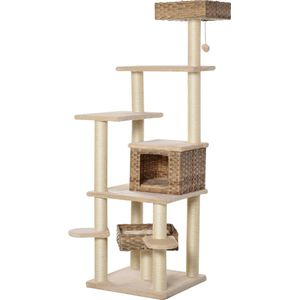 PawHut Krabpaal met kattengrot rotan kattenboom met meerdere verdiepingen voor katten beige + bruin D30-377