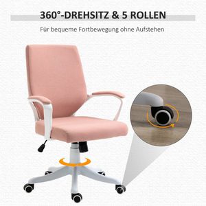 Vinsetto kantoorstoel bureaustoel stoel kantoor aan huis met kantelfunctie rugleuning in hoogte verstelbaar dikke bekleding ergonomisch 360° zwenkwielen polyester nylon PP roze + wit 62x69x92-102 cm