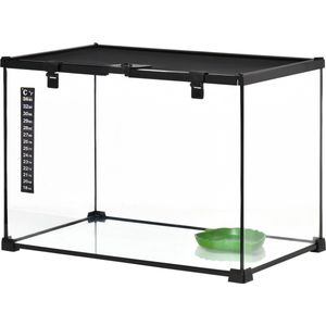 Terrarium für Reptilien Reptile Fütterungsbox Glasterrarium Amphibien Spinnentiere mit Thermometer Reptilienzuchtbox Metall Schwarz 50 x 30 x 35 cm