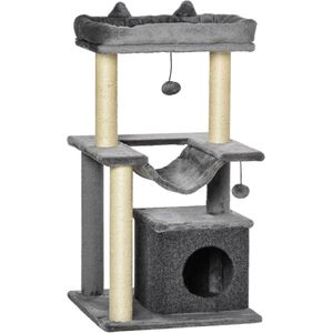 PawHut krabpaal 100 cm met hangmat speelboom kattengrot platforms klimboom kattenkrabpaal activiteit krabpaal pluche sisal grijs