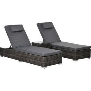 Outsunny Poly-Rattan Sonnenliege 3-tlg. Gartenliege mit 6-Fach Verstellbarer Rückenlehne Beistelltisch Nackenkissen Gartenmöbel Aluminium Grau 60 x 195 x 91 cm