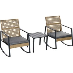 Outsunny rotan schommelstoel 3-delige bistroset 2 stoelen 1 tafel met kussens staal voor tuinen terrassen tuinmeubilair naturel + grijs