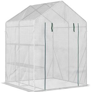 Foliengewächshaus begehbares Gewächshaus mit 4 Regalebenen Tomatengewächshaus Treibhaus Frühbeet mit Reißverschlusstüren Weiß Stahl PE-Kunststoff 143 x 143 x 195 cm
