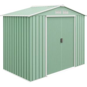 Outsunny gereedschapsschuur, tuinhuisje met vloerframe en schuifdeuren, weerbestendig staal, lichtgroen, 213 x 130 x 185 cm