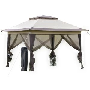 Outsunny opvouwbaar paviljoen pop-up tent tuinpaviljoen incl. tas op wielen staal + oxford + mesh bruin 3,64 x 3,64 x 2,94 m