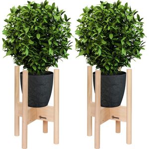 Outsunny bloemstandaard set van 2 houten plantenstandaard set met verschillende hoogtes bloemenkruk bloempothouder plantenkruk voor bloempot natuurlijk