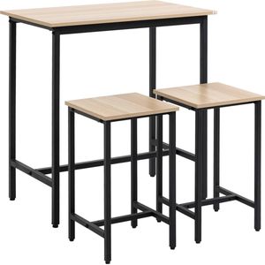 Homcom 3-delige eetkamerset bartafel met 2 stoelen eetset eettafelset industrieel design stalen frame naturel hout+zwart 80 x 50 x 85 cm