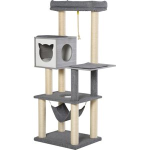 PawHut Kratzbaum Katzenbaum mit Hängematte Kletterbaum Katzenkratzbaum Sisal Grau&Weiß, 59L x 48B x 155H cm
